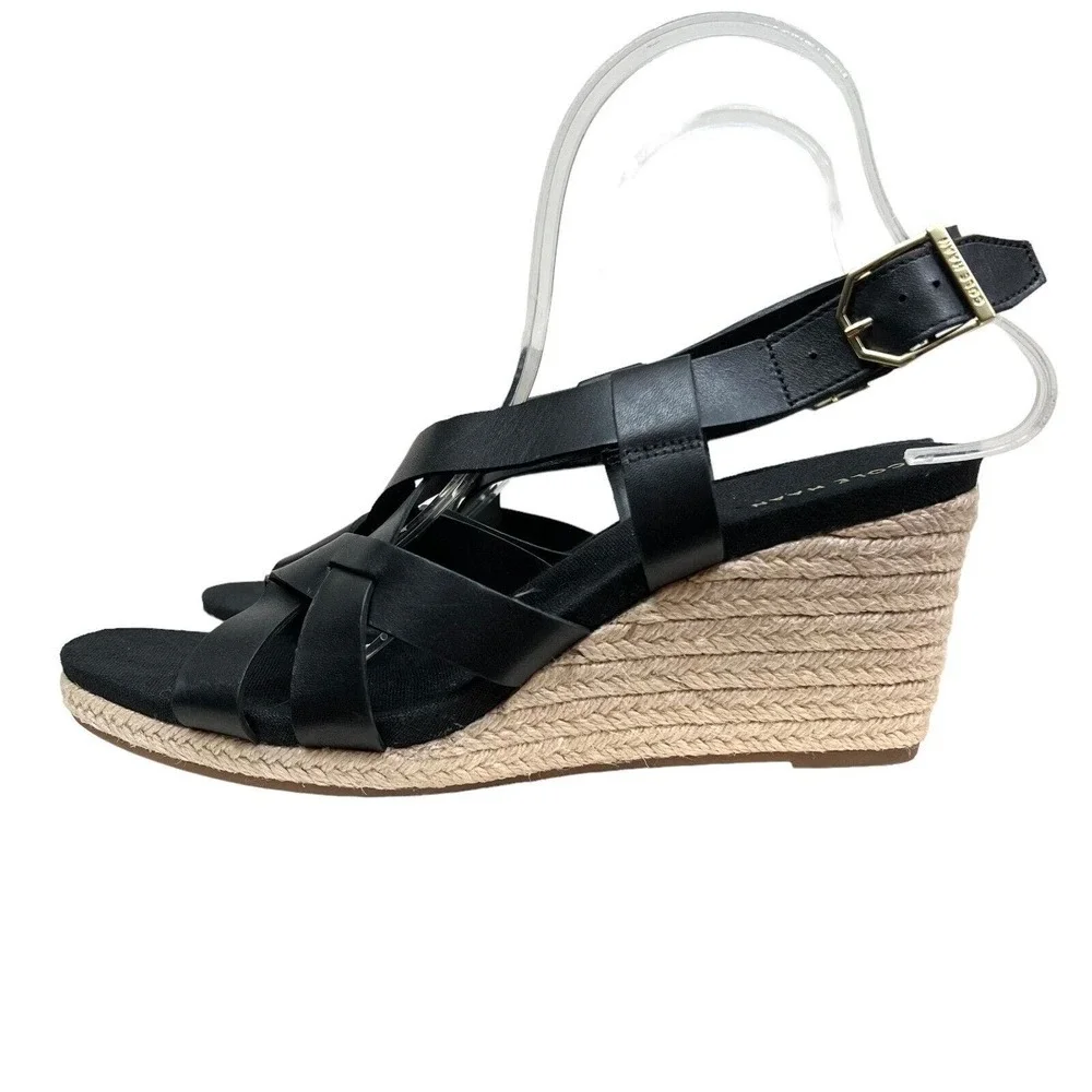 Cole Haan Crystal Sandal Wedge Espadrille Slingback Strappy Black Women Size‎ 9B